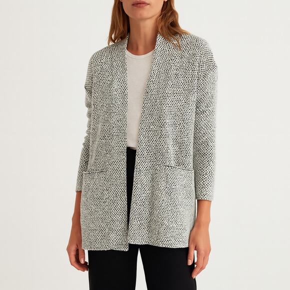 MARINE LAYER Black & White Textured Knit Open Front Cardigan Sweater Jacket Lg - Picture 1 of 7